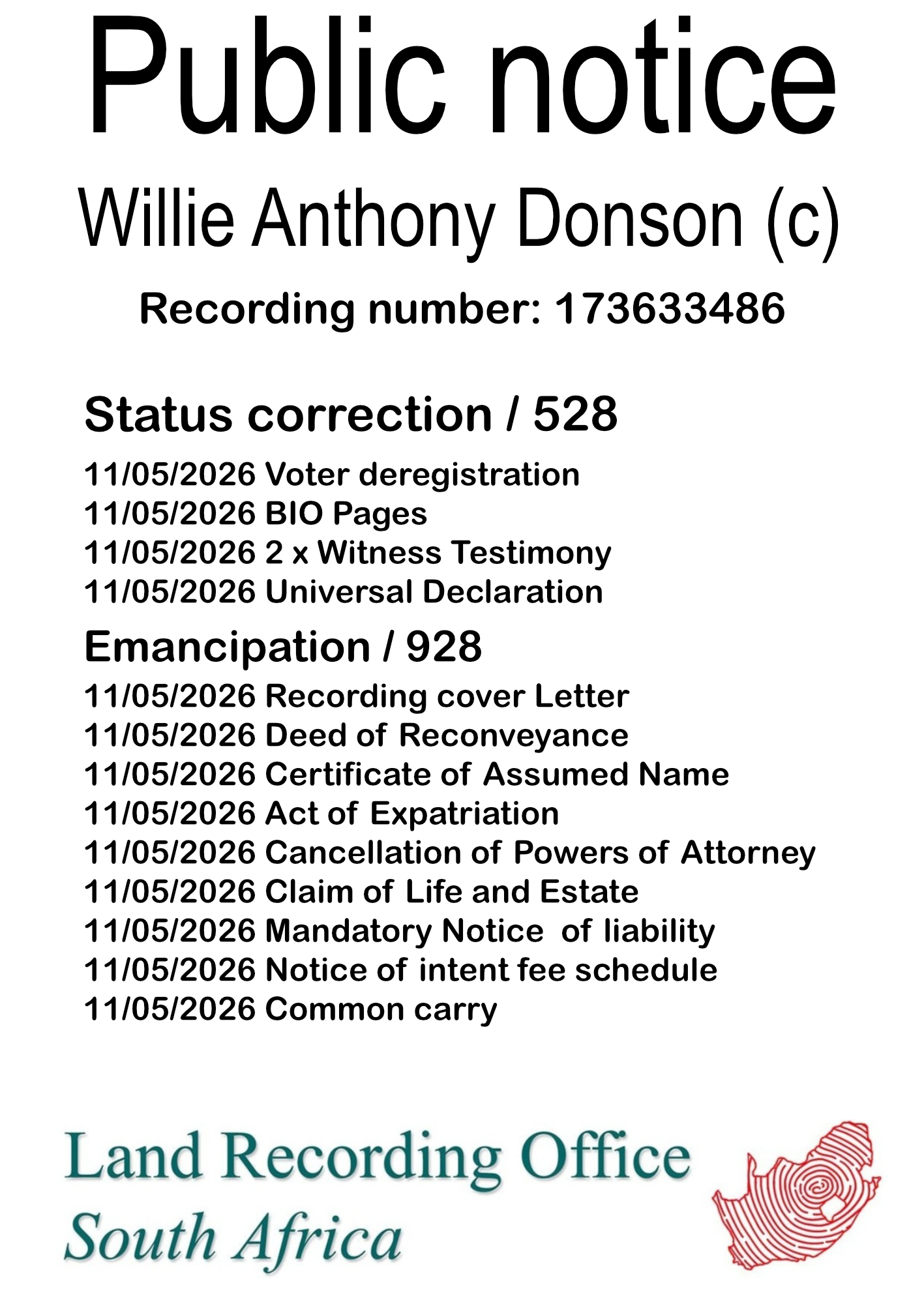 Public notice Willie Anthony Donson (c) Recording number 173633486